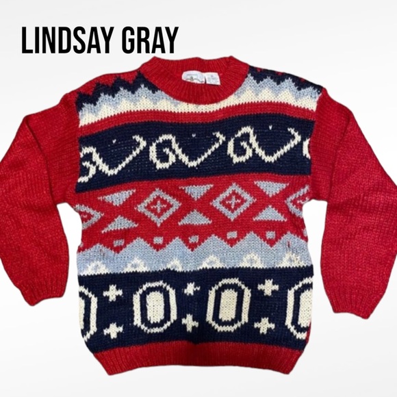 Lindsay Gray Essentials KNIT CREW NECK SWEATER Red Blue White EUC Medium VINTAGE - Picture 1 of 9